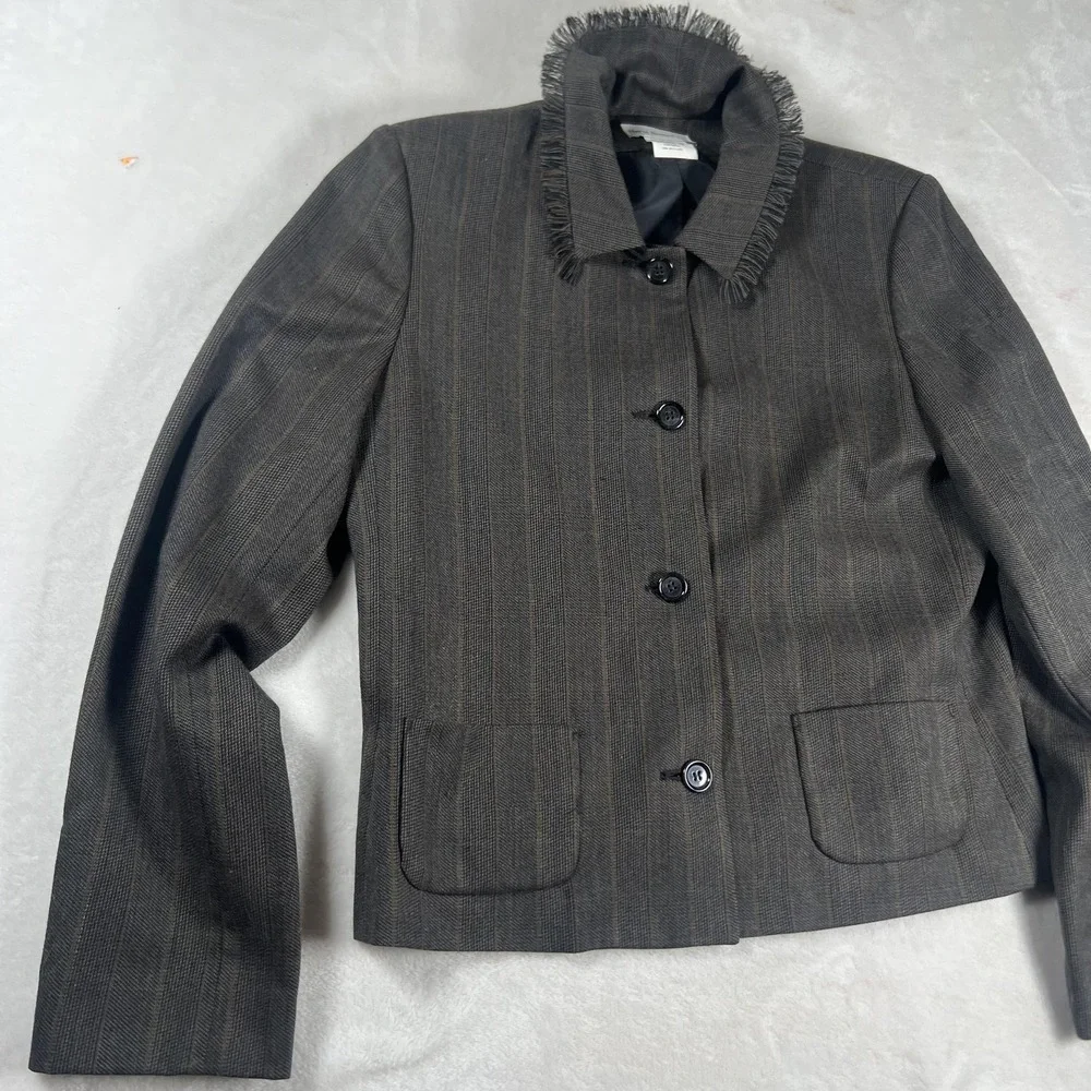 Harve Benard Sport Blazer Womens 10‎ Gray Wool Pinstripe Fringe Collar Jacket